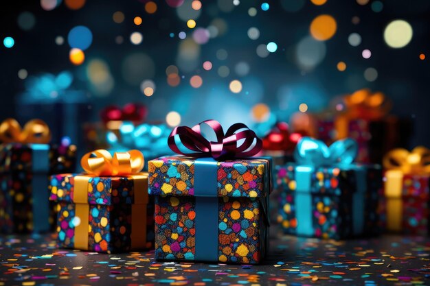 Foto molte scatole regalo colorate che volano su uno sfondo blu festivo con confetti