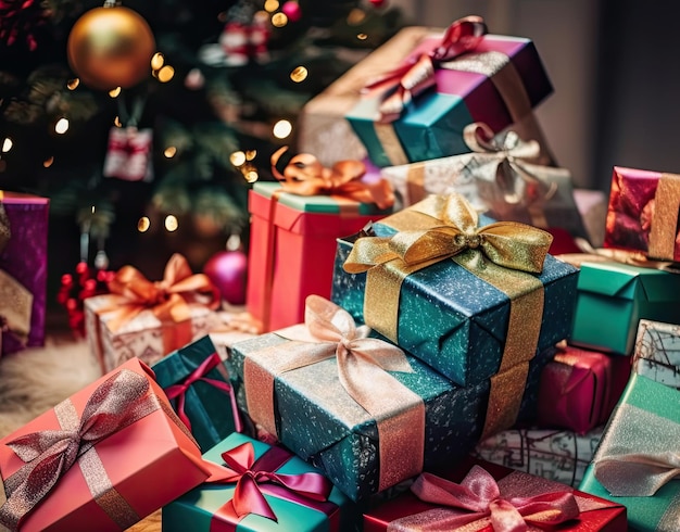 クリスマスツリーの近くにたくさんの色とりどりのプレゼントが転がっている Generative AI