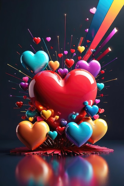 Many colorful glossy heart shapes abstract background