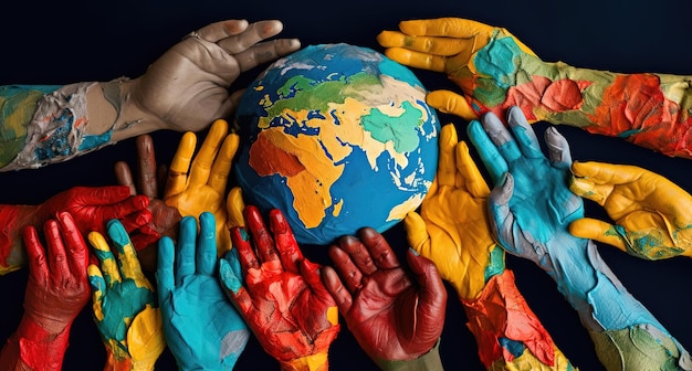 Photo many colorful hands holding the earth on a gray background in the style of paper cutouts