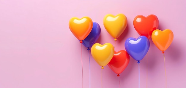 Many colorful heart balloons on pink background