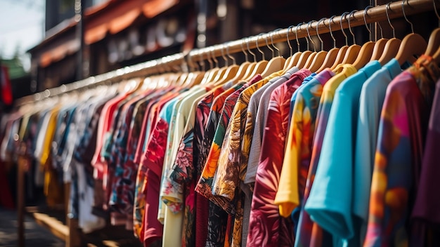 Many colorful kimono and dresses hanging on clothing rack in store Shopping concept