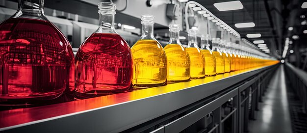 Many colorful liquid containers on a line a conveyor belt in the factory