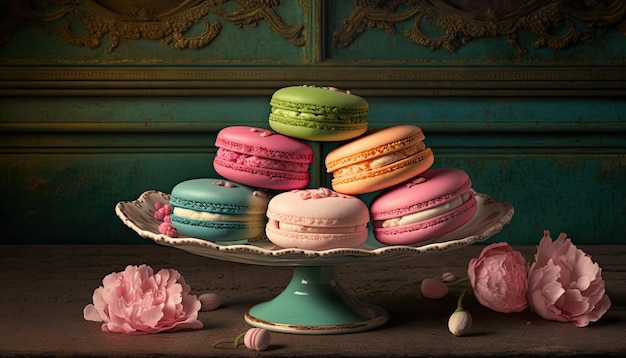 Many colorful macaroons on dark background Sweets for any celebration Generative AI