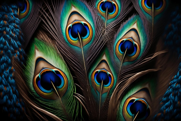 Many of colorful peacock feathers