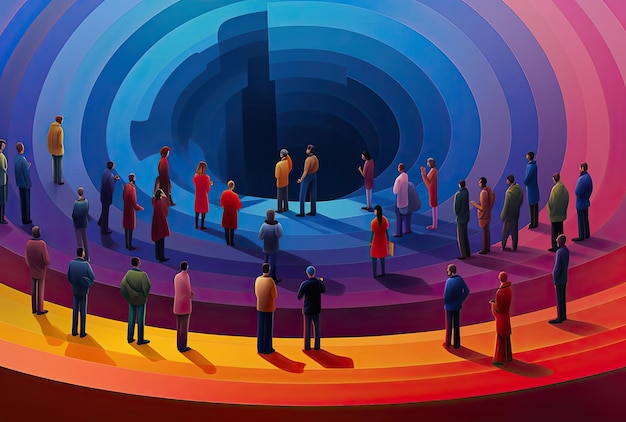 many colorful people are standing around a circle in the style of sculptural and geometric