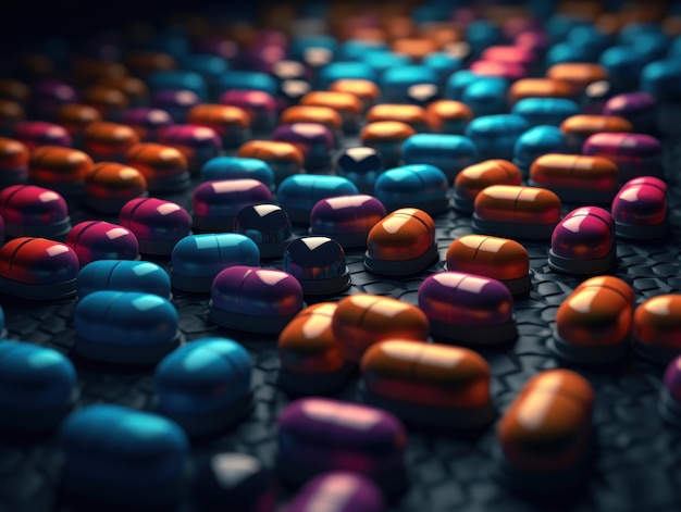 Many colorful pills on a dark background Geometric composition Created with Generative AI technology