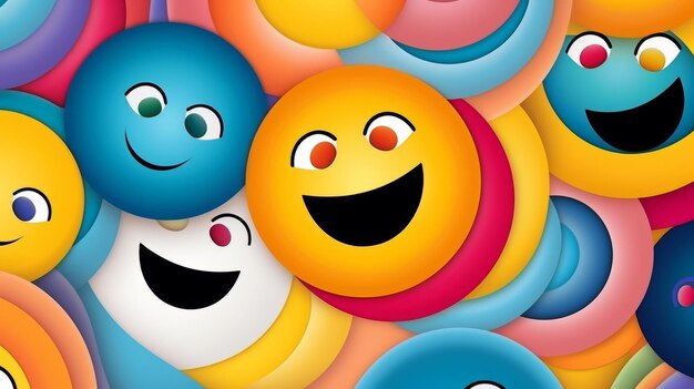 Many colorful smiley faces are grouped together in a pattern