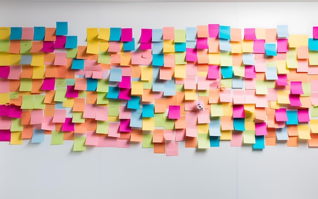 Many colorful sticky notes or adhesive notes on a white board