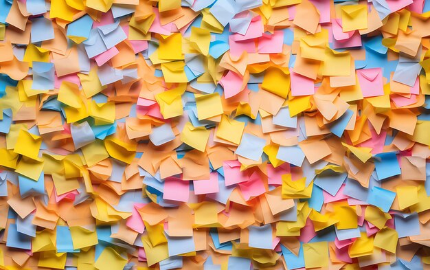 Many colorful sticky notes or adhesive notes on a white board