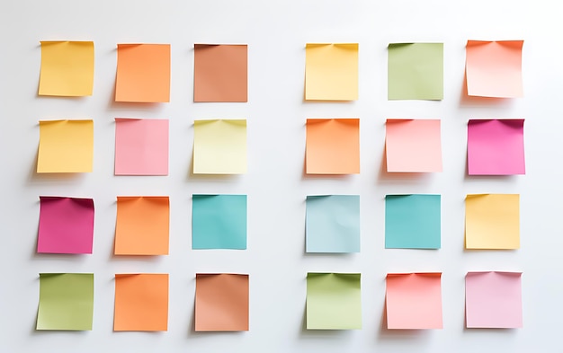 Many colorful sticky notes or adhesive notes on a white board