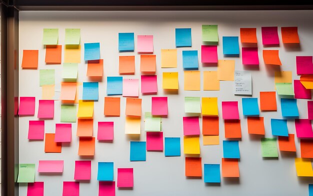 Photo many colorful sticky notes or adhesive notes on a white board