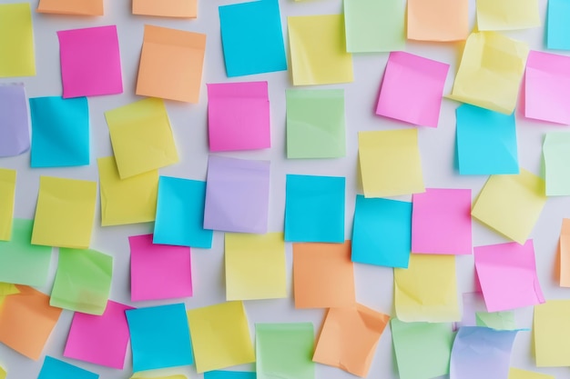 Many colorful sticky notes on a white wall Generative AI