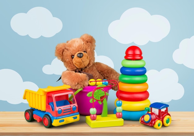 many colorful toys collection on the desk