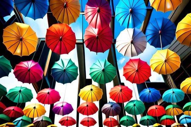 Many colorful umbrellas are hanging from a ceiling with a blue sky behind them