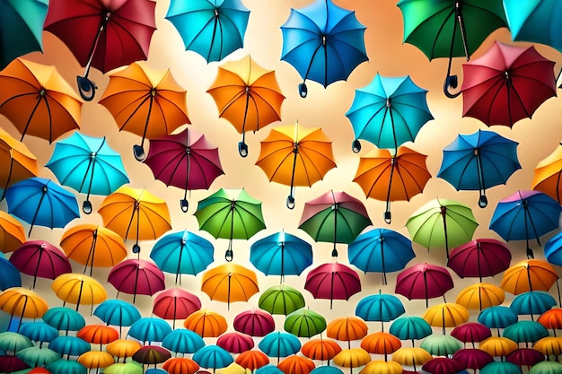 Many colorful umbrellas are hanging from the ceiling with the word