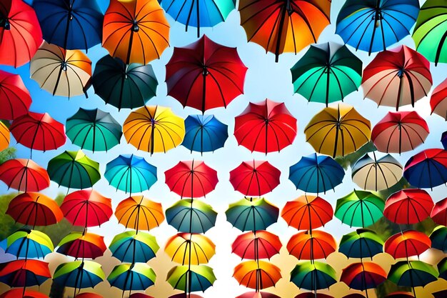 Many colorful umbrellas are hanging from the ceiling