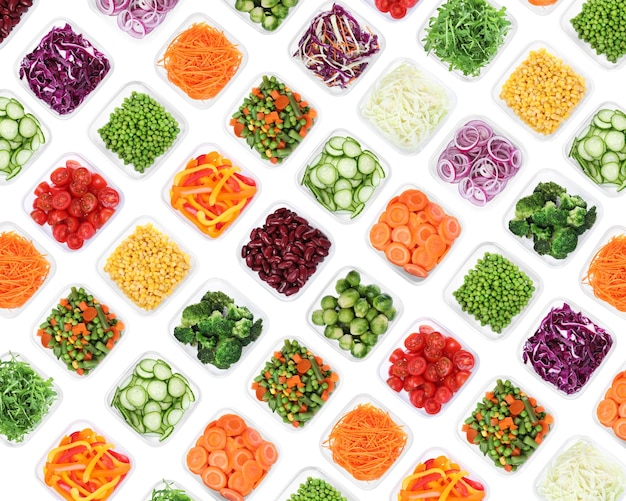 Photo many containers with different fresh vegetables on white background top view collage