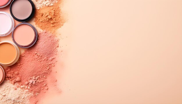 many cosmetics products for makeup on beige pastel background