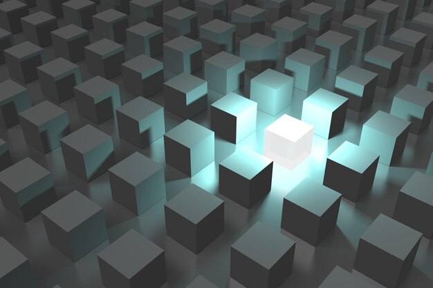 many cubes with one shining outstanding concept 3d illustration