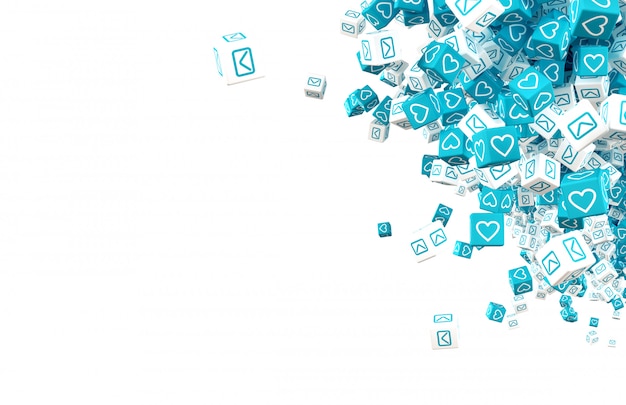 Many cubes with symbols of communication in social networks 3D illustration