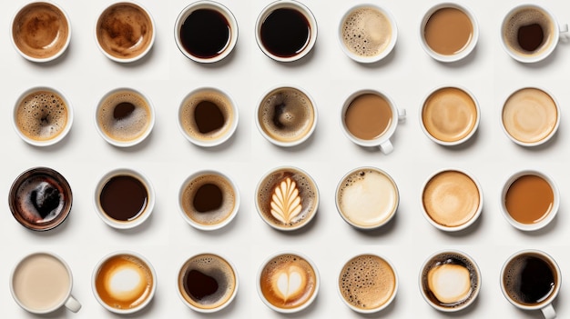 Многие чашки с вкусным ароматическим кофе на белом фоне нейронной сети ai генерируется