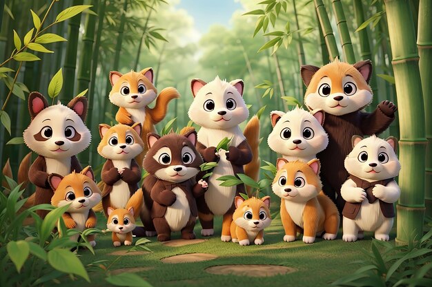 many cute animals in bamboo forest