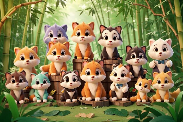 много милых животных в бамбуковом лесу