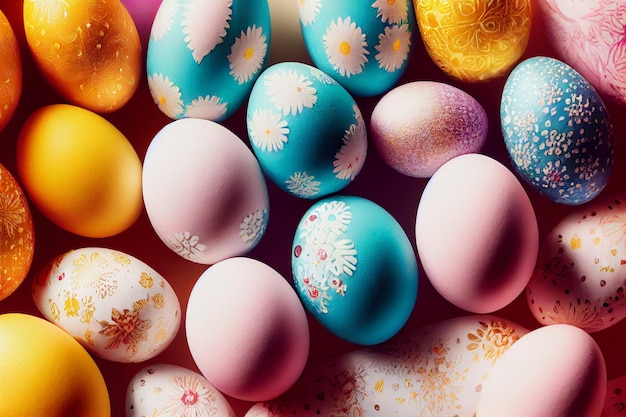 Many decorated easter eggs as background top view