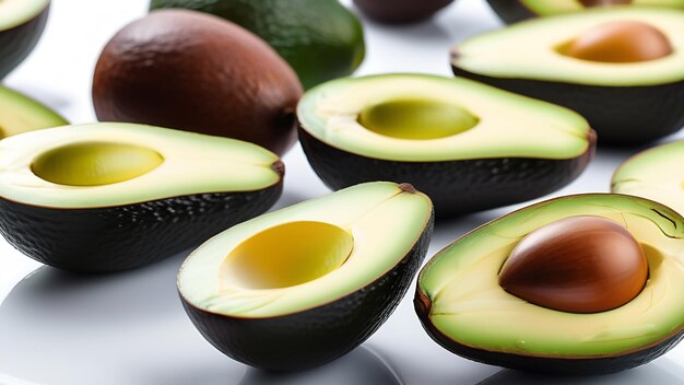 Many delicious avocados lie on a white surface Theme of health proper nutrition and benefits