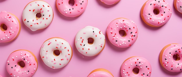 Many delicious donuts on pink background