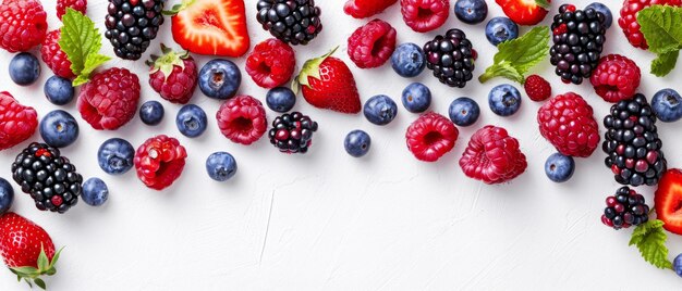 Many Different Berries in the Form of a Frame on a White Background with copy space