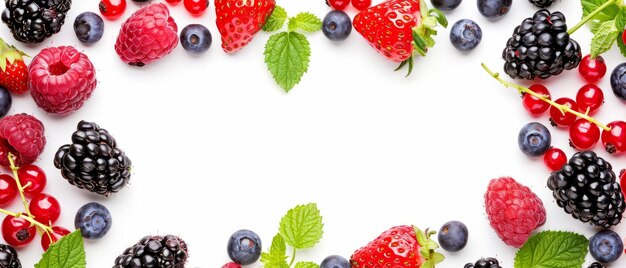 Many Different Berries in the Form of a Frame on a White Background with copy space