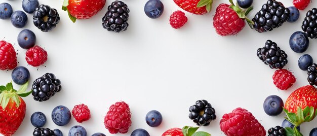 Many Different Berries in the Form of a Frame on a White Background with copy space