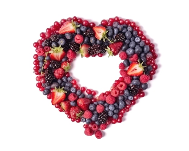 Many different berries in the shape of a heart generative ai