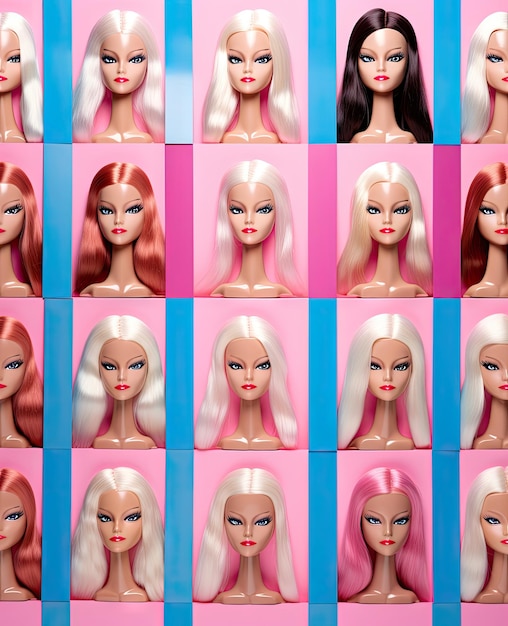 Many different colored wigs on a pink and blue background with multiple images of the same woman's face