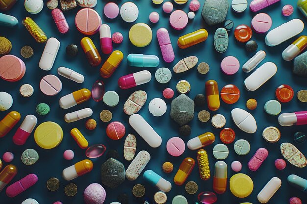 Many different colorful medication and pills from above