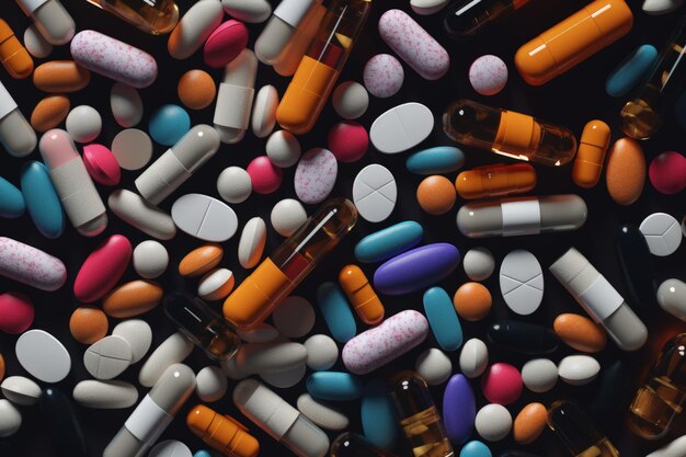 Many different colorful medication and pills from above