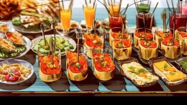 Foto tanti piatti deliziosi diversi piatti in tavola vari snack e antipasti su generative ai