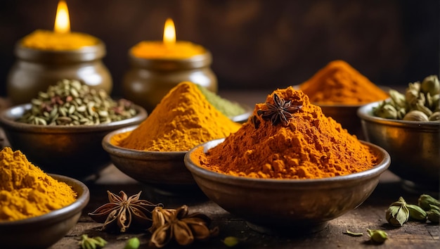 many different dry spices in bowls