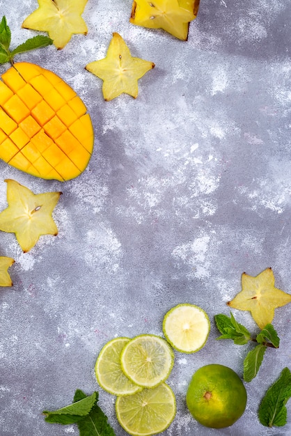 Many different fruits cut in shapes 