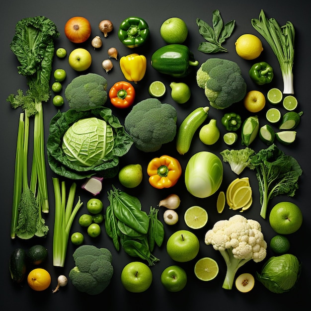 Many Different Fruits And Vegetables Arranged Together On A Black Surface