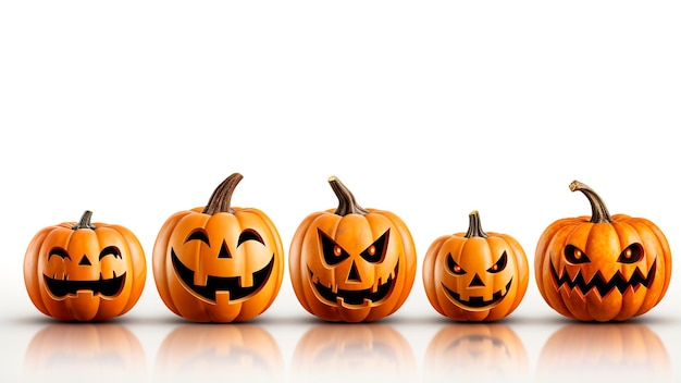 Many different Halloween pumpkins in a row white background Generative AI