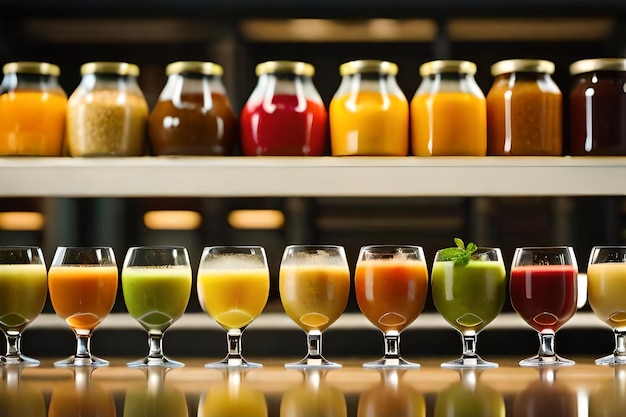 Many different juices are lined up on a shelf.