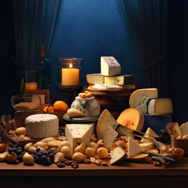 Many different kinds of cheese sitting on a wooden table in the style of dark skyblue and amber