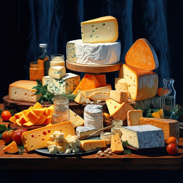 Foto molti tipi diversi di formaggio seduti su un tavolo di legno nello stile di blu cielo scuro e ambra