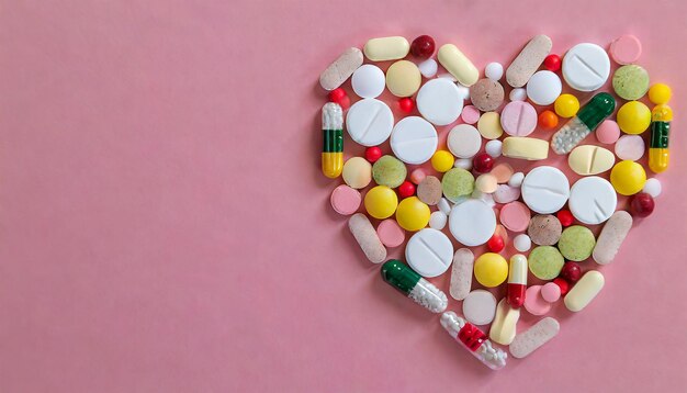 Photo many different pills and tablets folded in shape of heart on pink background many pills