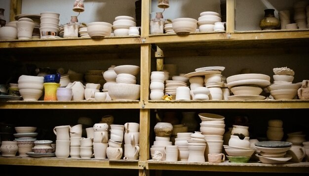 Many different pottery standing on the shelves in a workshop