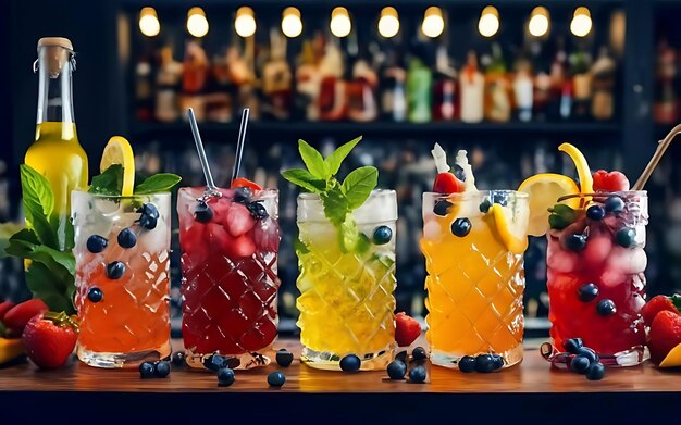 Many different refreshing colorful fruit cocktails with ice lemon mint and berries on a bar counter night club party with soft drinks illustration