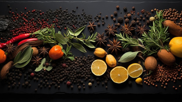 Many different seasonings pepper greens fruits and food on a black background flat lay copy space